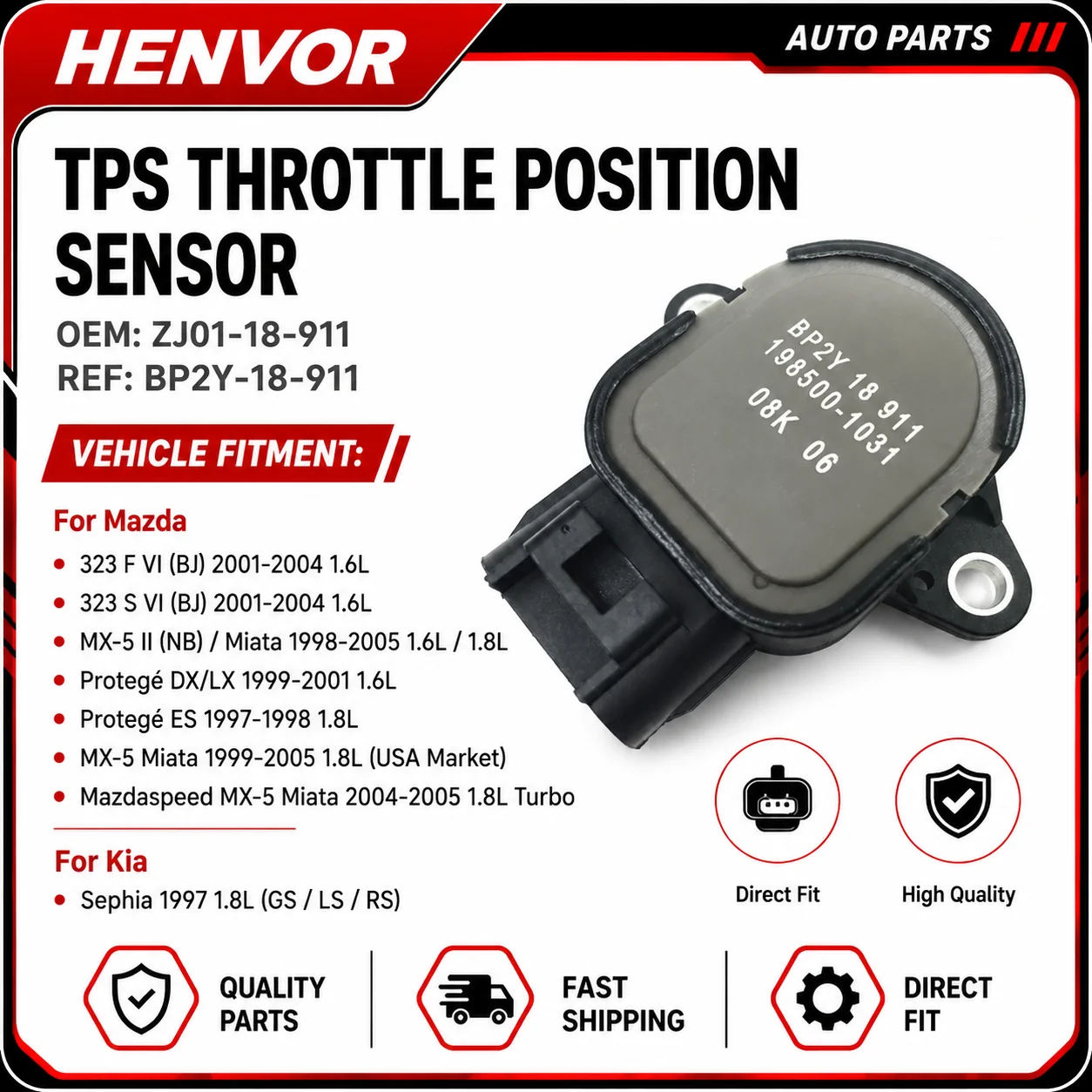 TPS Throttle Position Sensor ZJ01-18-911 BP2Y-18-911 for Mazda MX-5 Miata Protege 323 Kia Sephia 1.6L 1.8L