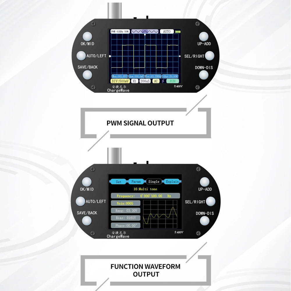 Handheld Oscilloscope 320*240 Resolution 2.4inch TFT Display 2.5MHz Sample Rate 500KHz Bandwidth Oscillometer