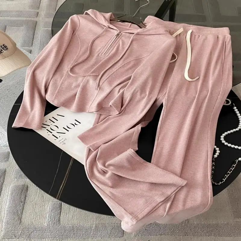 

Casual Sportswear Set Women's Slimming High Waist Wide Leg Pants Hoodie Two Piece Set Spring Autumn Fashionable Laid-back Style