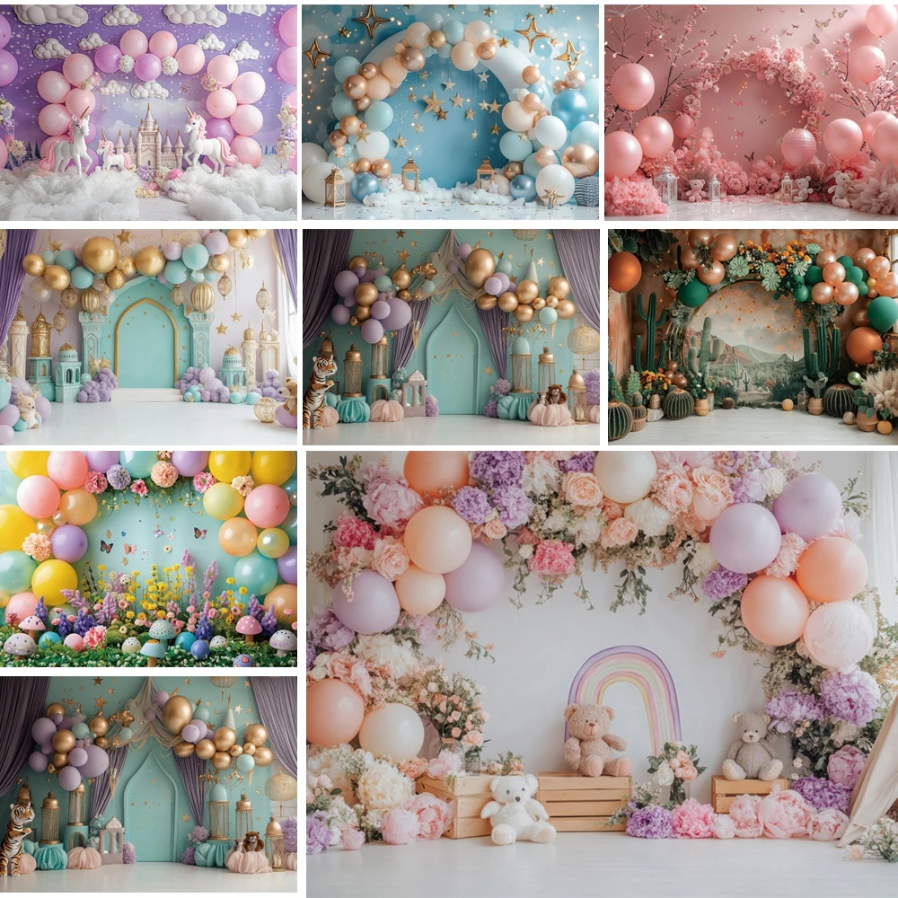 

MOON.QG Enchanted Castle Balloon Cloud Background Happy Birthday Banner Backdrop Child Shooting Props Photo Studio Photography