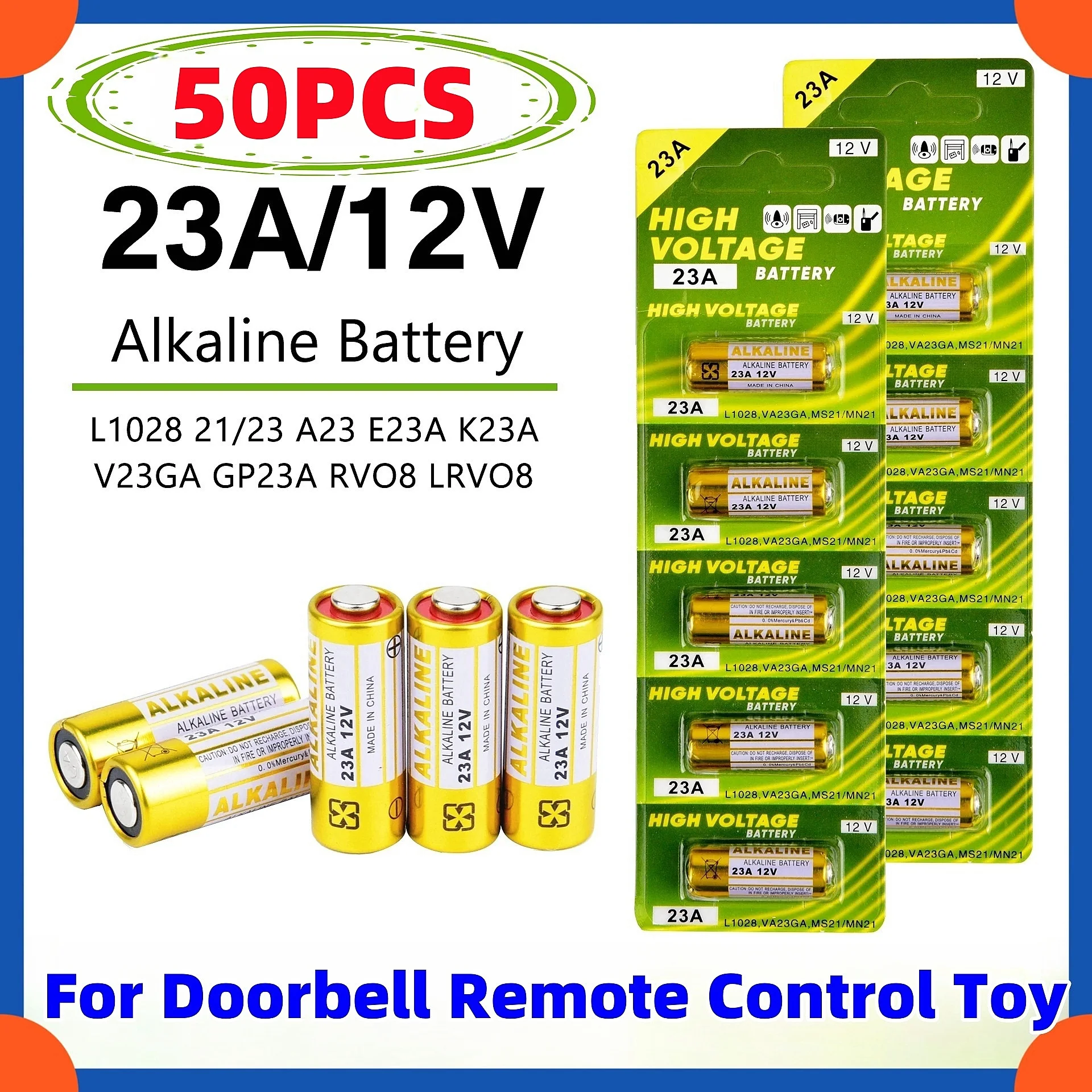 NEW 50PCS 58mAh 23A 12V Batteries Remote Control Toys Dry Alkaline Battery L1028 21/23 A23 E23A K23A V23GA GP23A RV08 LRV08 23A