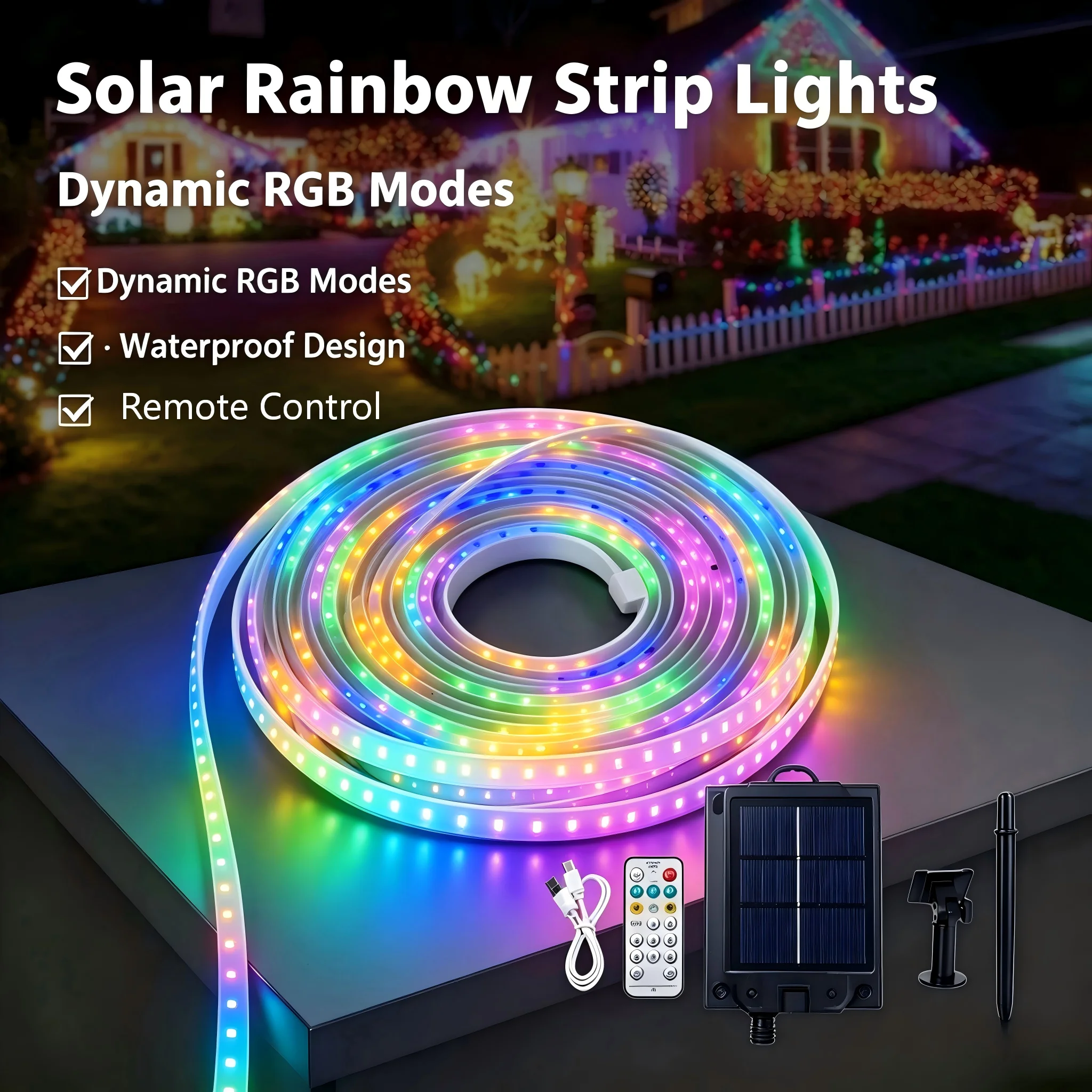 1 Roll of Solar-Powered Waterproof Multicolor Led Light Strip, Outdoor Waterproof Ip65, with 24-Key Remote Control, Lights Can S