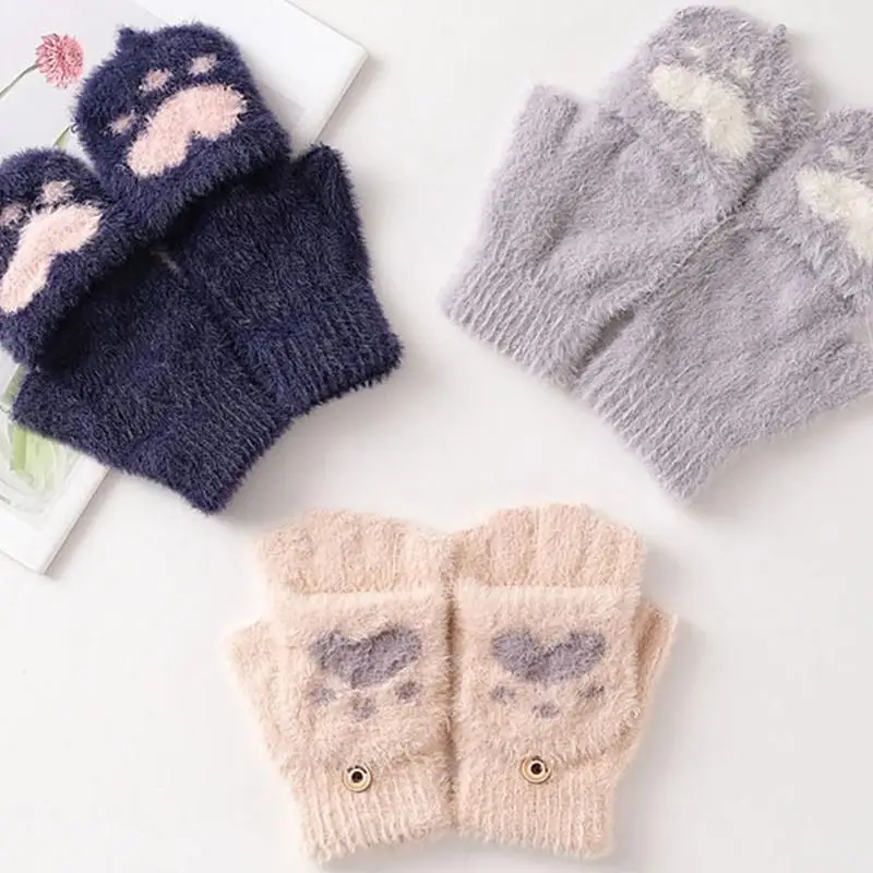 

39BB Cartoon for Cat Paw Gloves Winter Knit Gloves Plush Fingerless Gloves with