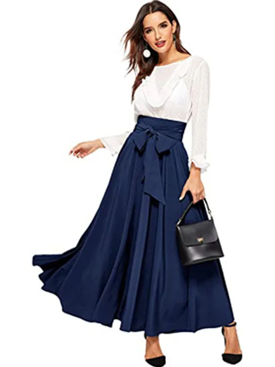 

Faionable Laceup Skirt Women's Loose Color f-length A-Line Skirt Ele Sle Acid Fiber Material High Waist Design