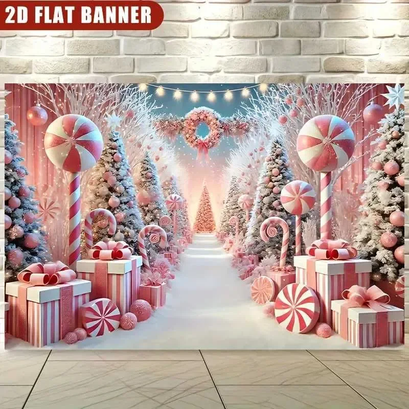 1 Piece Pink Winter Wonderland Background Tapestry Christmas Decoration with Candy Cane Christmas Tree and Snowy TrailHome Decor