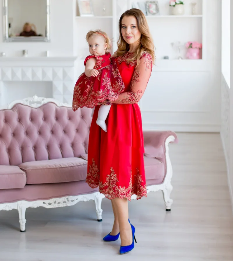 Mommy And Me Party Dresses Baby Birthday Dress Matching Mother Daughter Gowns Photoshoot Formal Red Dress Cocktail Gown