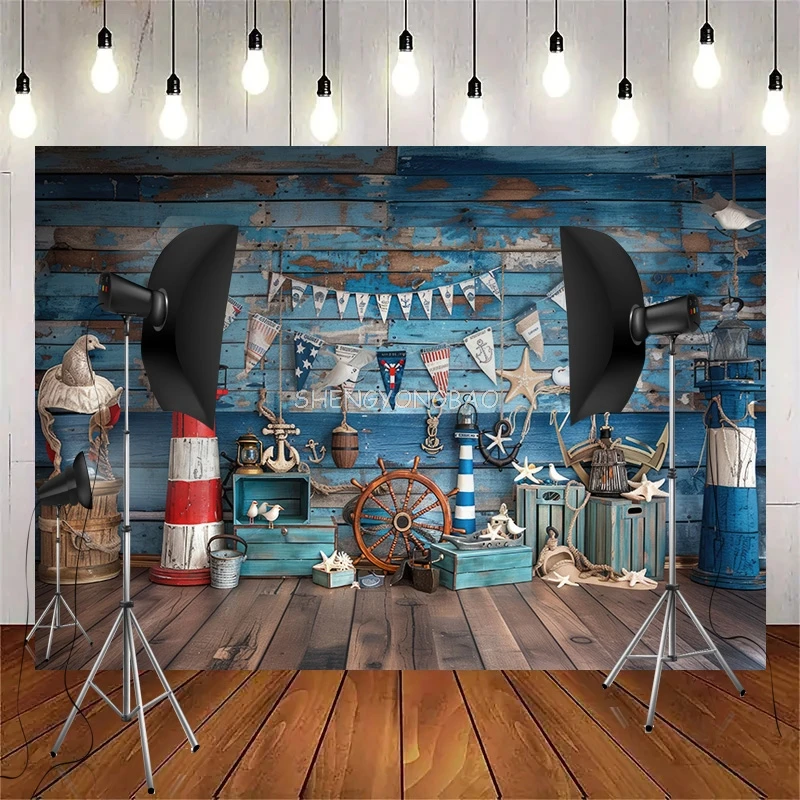 Blue Marine Lighthouse Sailboat Photography Backdrops Fishing Net Balloon Photo Studio Background Birthday Party Decor YW-01