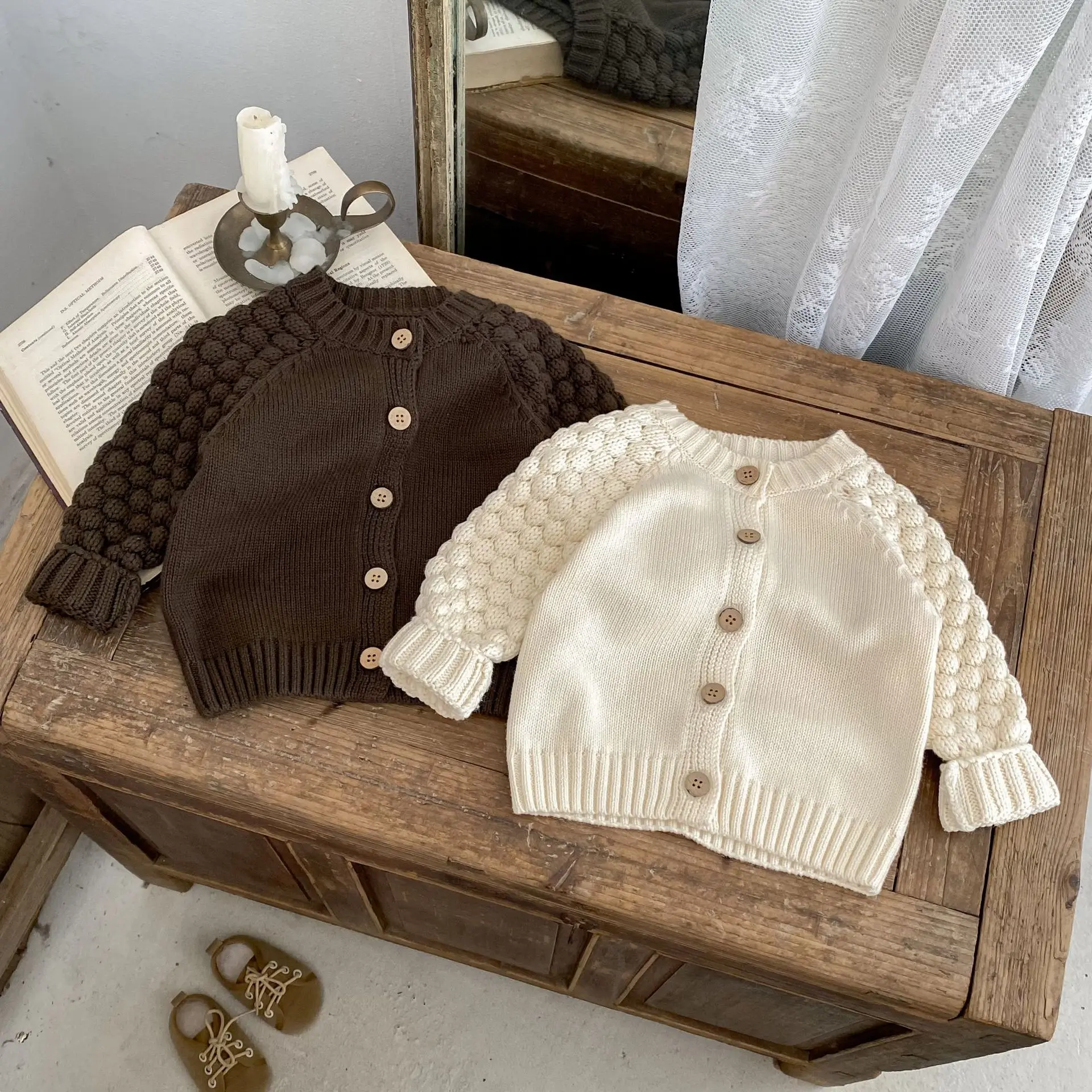 

2025 Fall Baby Cardigan Korean Style Pineapple Dot Knit Sweater Long Sleeve Open Front Unisex 0 To 3 Years