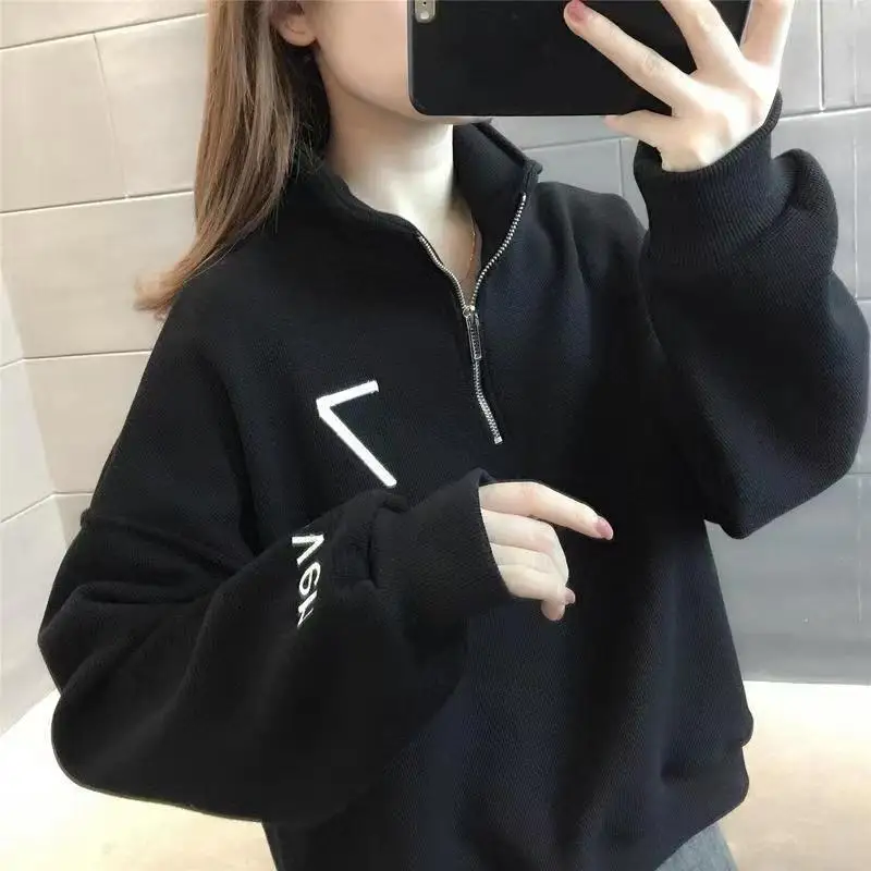 Woman Clothing Cropped Top Full Zip Up Women's Sweatshirt Pullovers With Zipper Emo High Quality Offer Korean Style Xxl Warm M