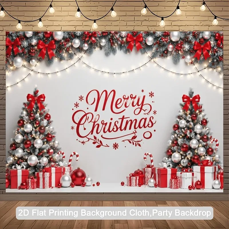 VIKAMA Red White Merry Christmas Tapestry, Flocked Trees Gifts Candy Canes, Xmas Backdrop for Holiday Party Photo Decor