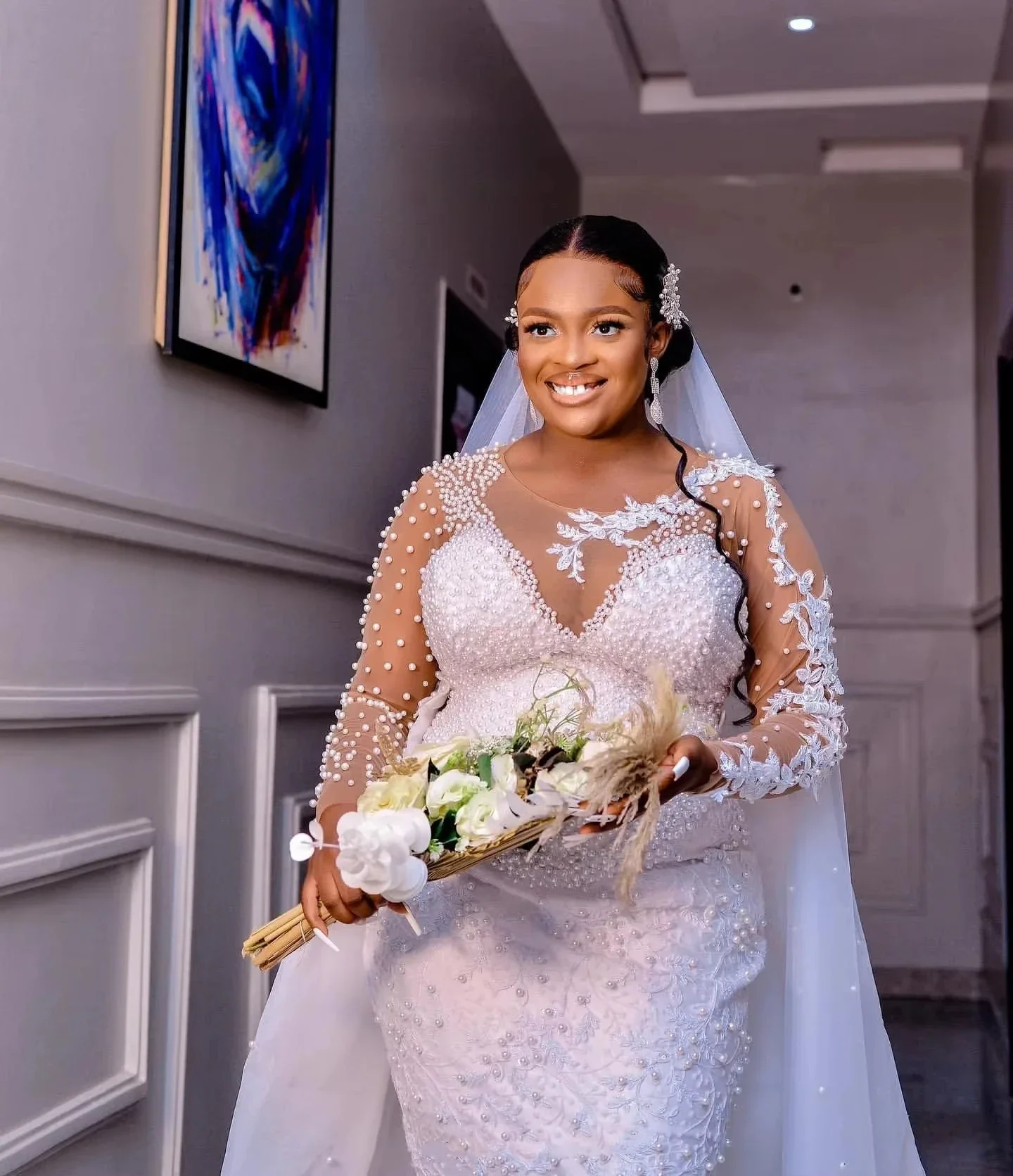 カスタマイズされた手仕事パールアップリケマーメイドアラビア麻生エビのウェディングドレス花嫁のための長袖取り外し可能なブライダルドレス