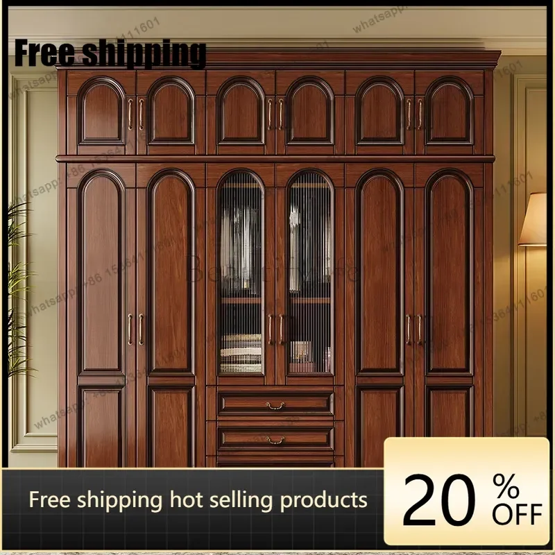 hot  Decoration Brown Wardrobes Closet Wooden Tall Long Sliding Space Wardrobes Storage Cute Saving Guarda Roupas Furniture For