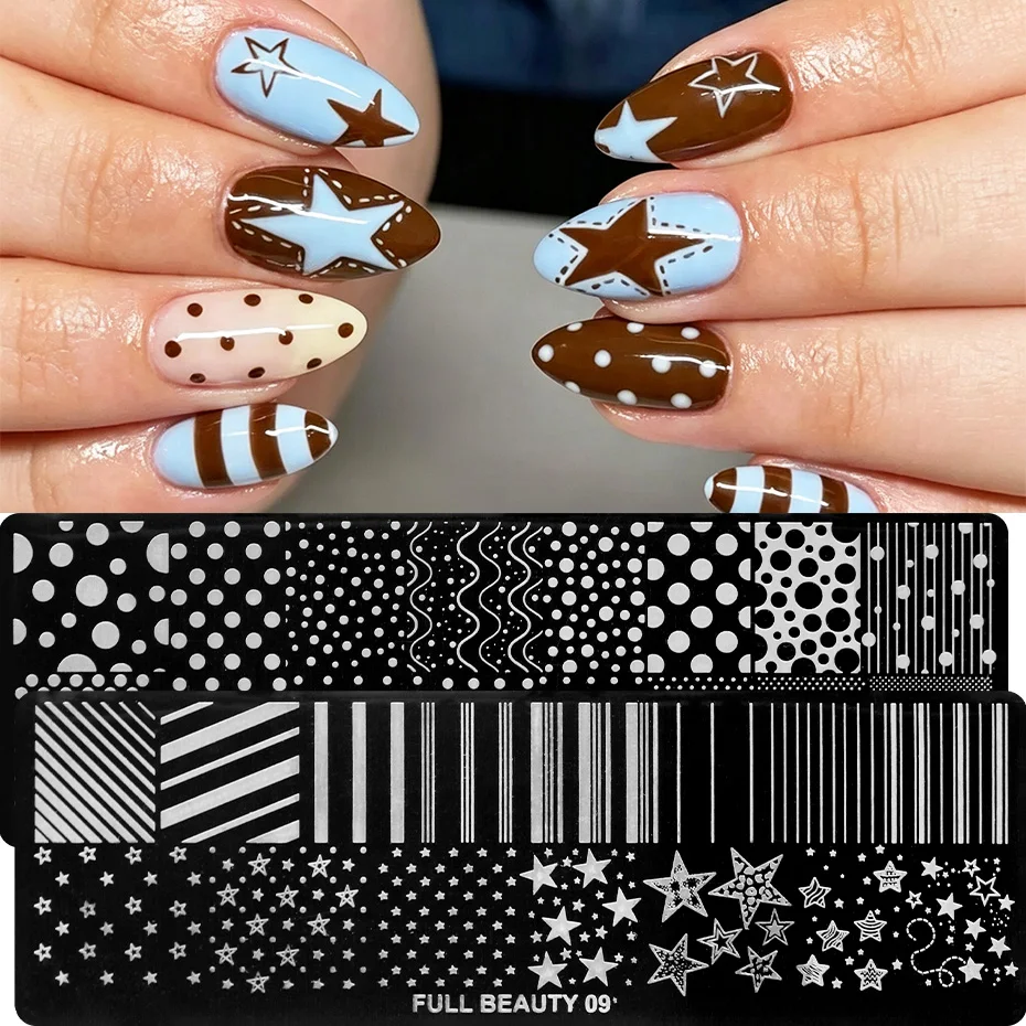 Star & Stripe Polka Dot Nail Stamping Plate Multi-Size Stars Polka Dot, Striped Geometric, Wave Line Pattern Nail Stamp Template