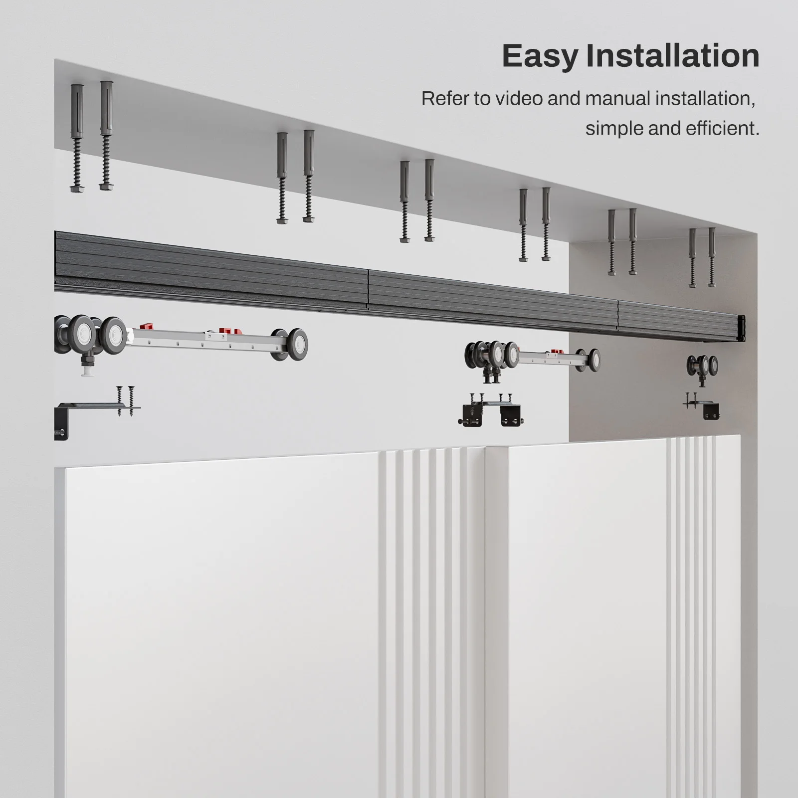 

Комплект фурнитуры для двойных раздвижных дверей-амбарных (182 см) со скрытым треком, двухрельсовый, с перекрывающимися направляющими | Механизм плавного закрывания с демпфированием