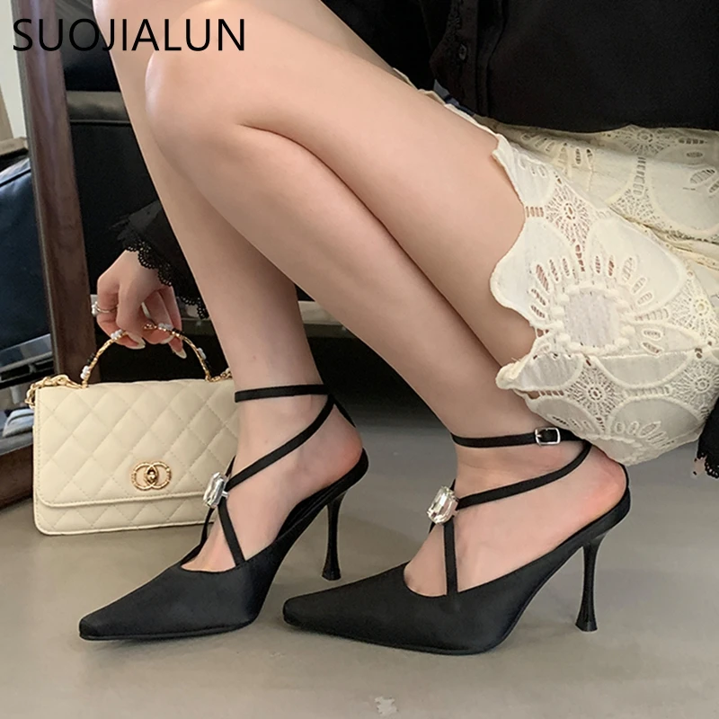 SUOJIALUN 2025, Neue Marke Frauen Sandale Mode Großen Kristall Damen Elegante Slingback Schuhe Thin High Heel Spitz Kleid Pumpen