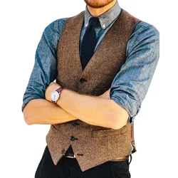 Mens Suit Vest V Neck Herringbone Slim Fit Formal Green/Black/Brown Business Single-breasted Waistcoat Groomman For Wedding Vest