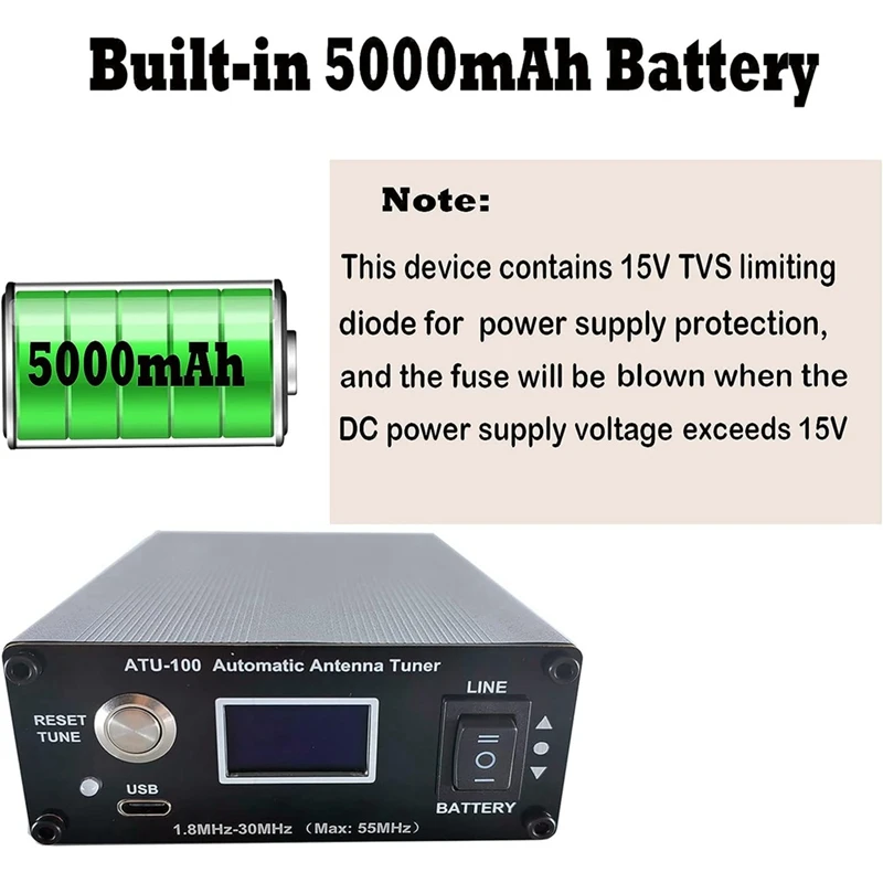 ATU-100 Antenna Tuner For Ham Radio 1.8-55Mhz Automatic Antenna Tuner By N7DDC 100W Open Source Shortwave With Battery Durable