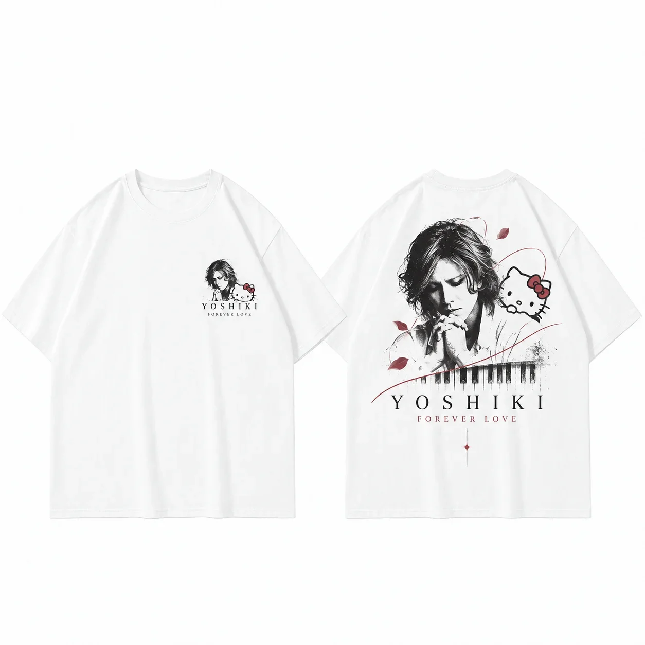 Sanrio Hello Kitty Music Parent Child Rose Tee Men's Women's White Cool Graphic Art Print Oversized Short Sleeve Streetwear Top
