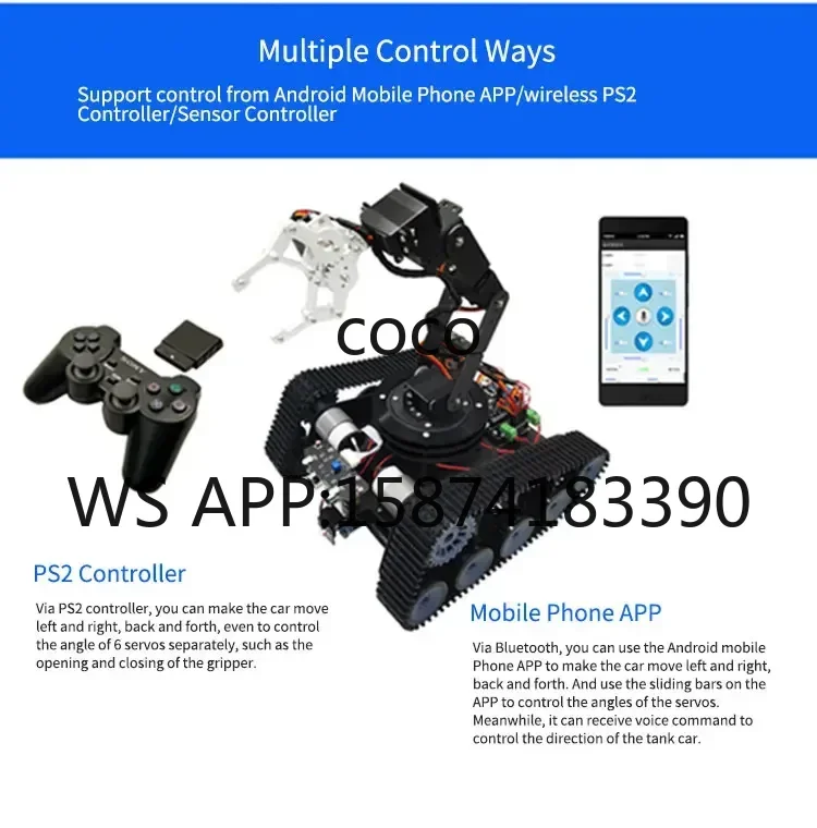 6DOF Mechanical Arm Tank Robot Car Kit Open Source Tracking Gripping with PS2 Controller and APP Control