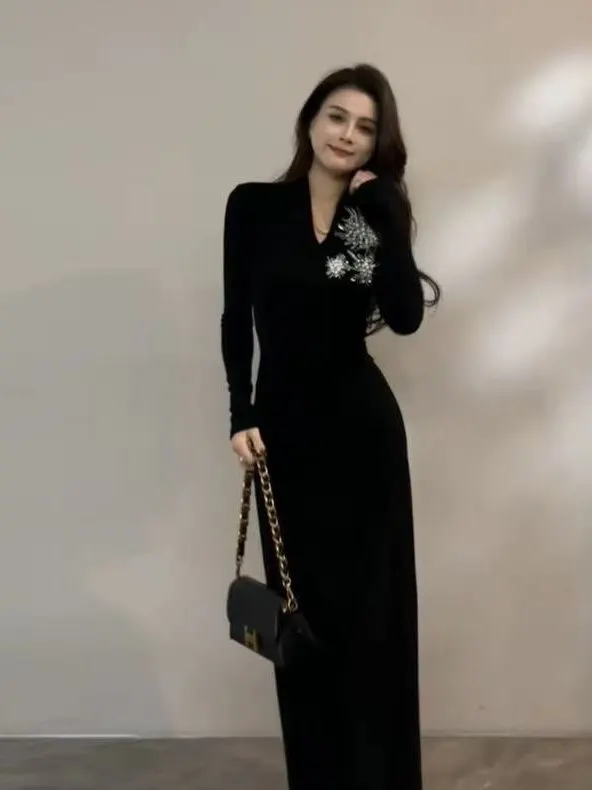 

Daitingting Autumn Winter New Sle Slimming V-ne Long Sve Long Dr Suower Dr Knee-length Inner Dr Skirt