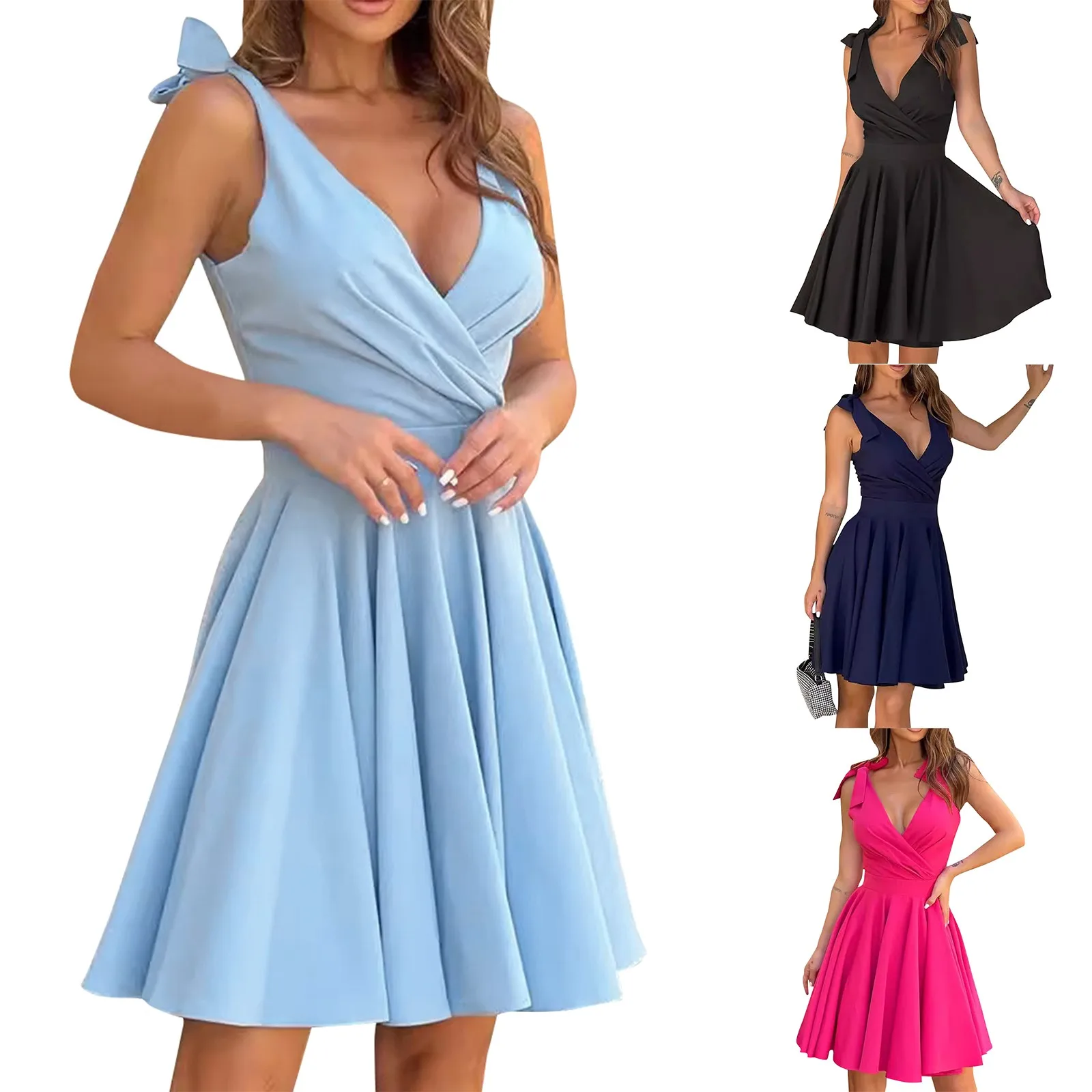 Women'S Temperament Dress Summer Solid Color Deep V-Neck Short Dress Pleated Overlap Design High Waist 2024 Fashionable Dress