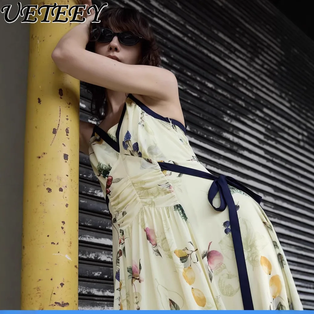 2025 신상 여름 일본 신상 과일 프린트 멜빵 원피스 여성 섹시 슬림 쉬폰 원피스 오피스룩 롱 원피스