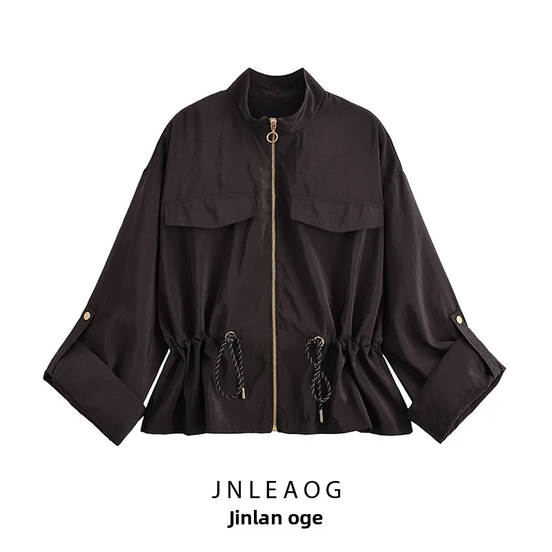 

Faionable Stand Collar Workwear Jaet with Waist Cinching by JNLEAOG Polyester Long Sve Zipper Closure Women's Coat