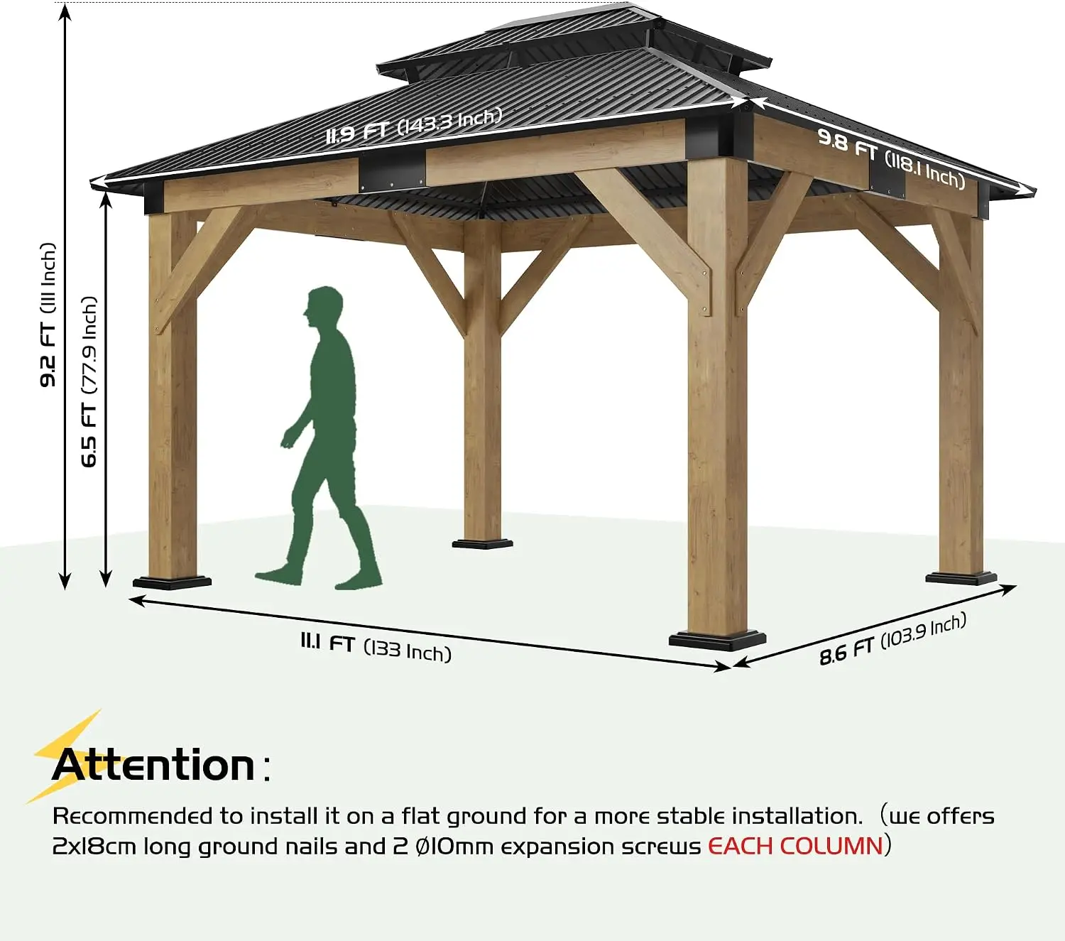 10x12 Wood Gazebo Hardtop Spruce Frame Double Metal Roof Outdoor Pergola Parties Backyard Patio Lawns Black Natural