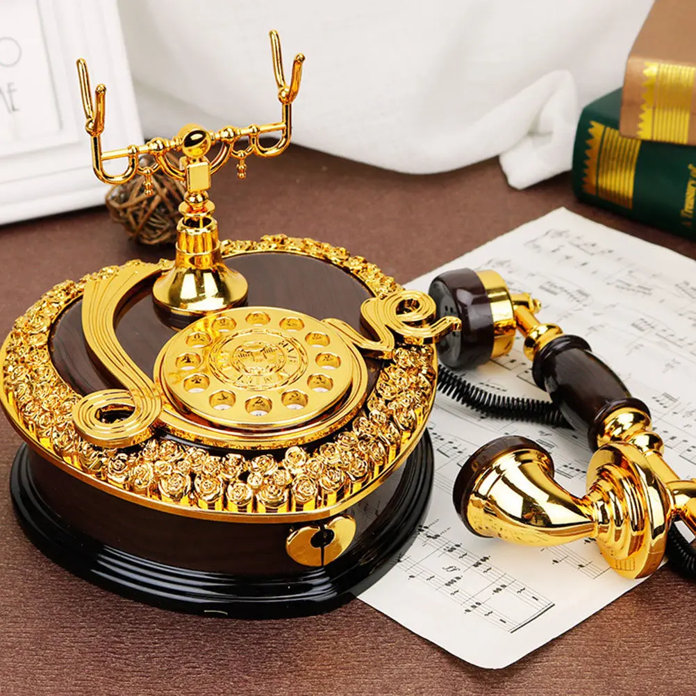 1Pcs Vintage Telephone Shaped Music Box Desktop Decor Jewelry Organizer Melodious Rotating Musical Box Gift for Girls Home