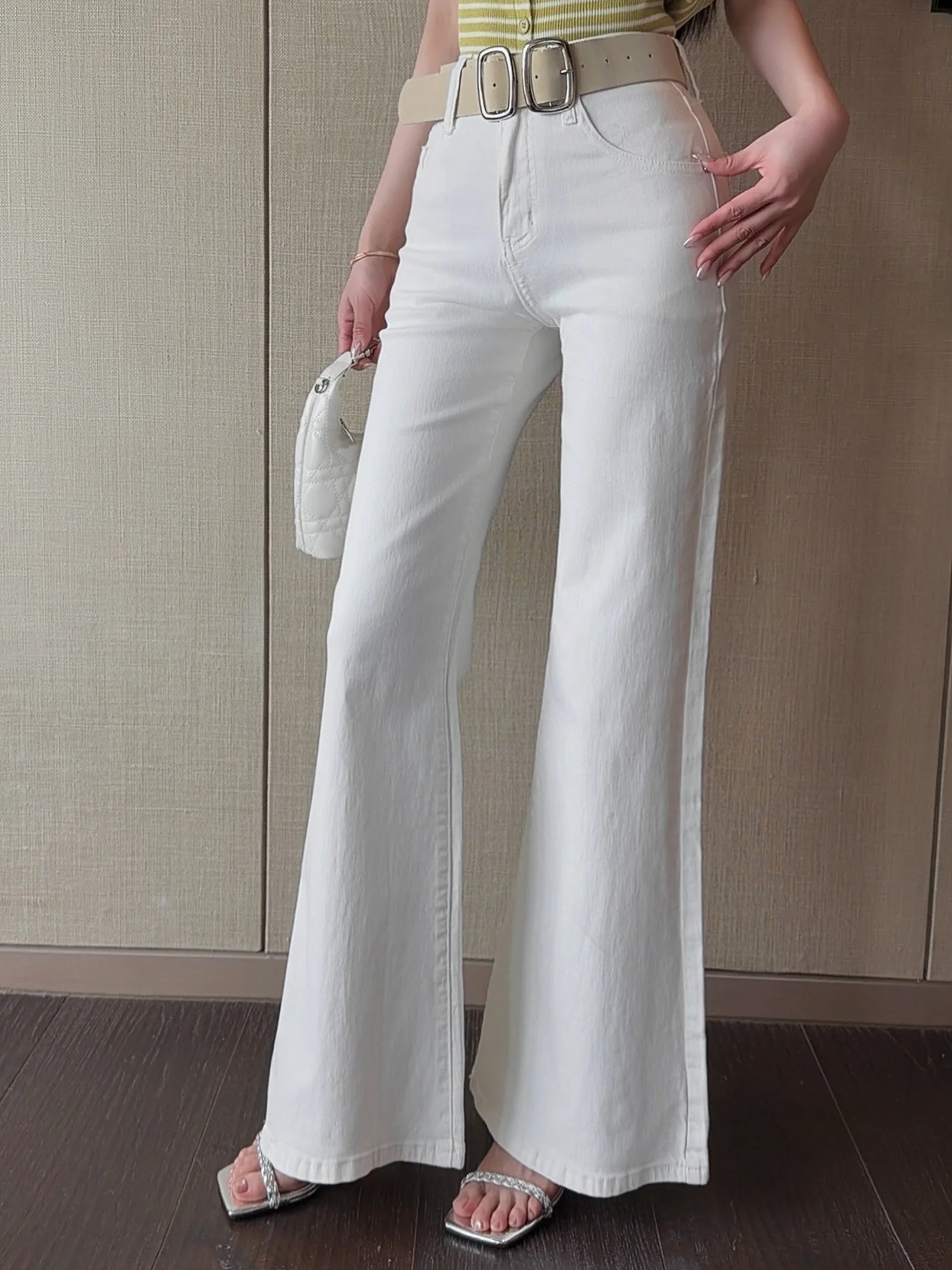 

Джинсы-клеш в американском винтажном стиле с эффектом потертости, с поясом, прямые брюки с естественной талией, повседневная весенняя коллекция