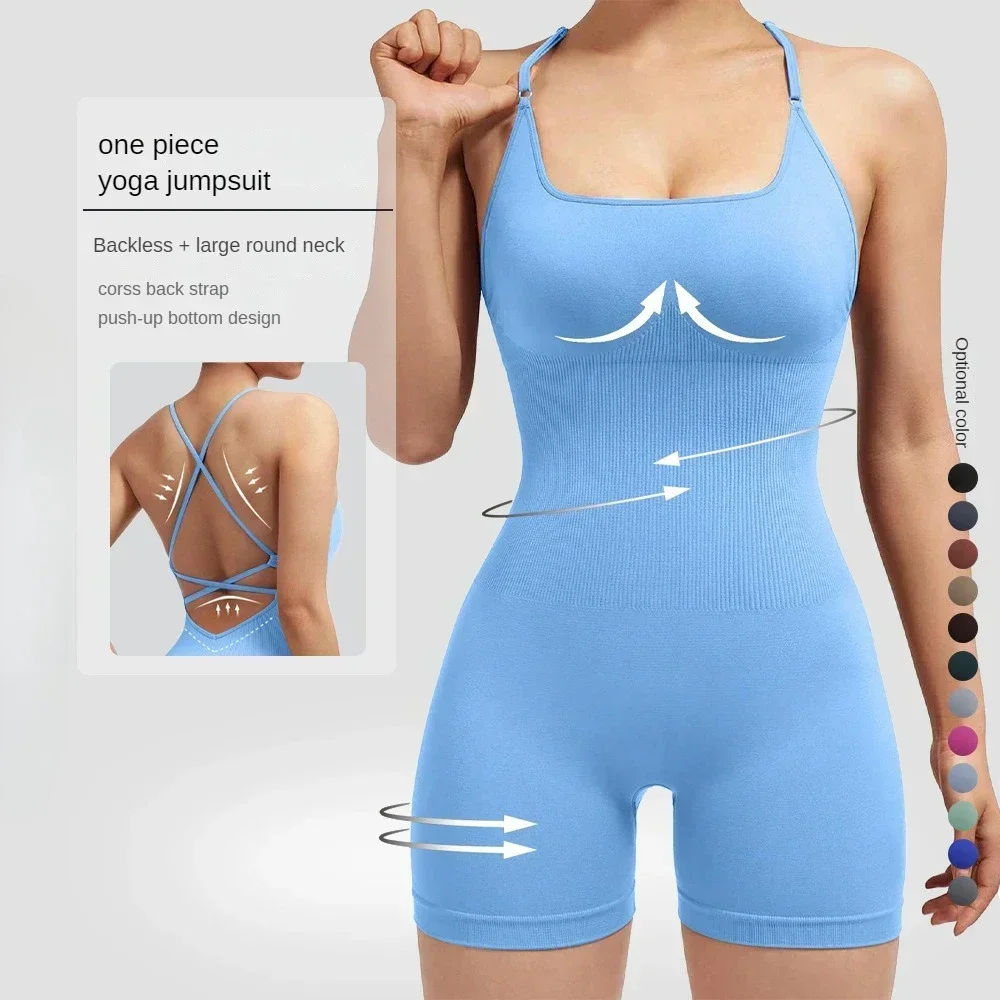 Seamless Gym Workout Clothes for Women Fitness Jumpsuit Ensemble Female Active Wear Short Sport Suit Backless Yoga Set Bodysuit