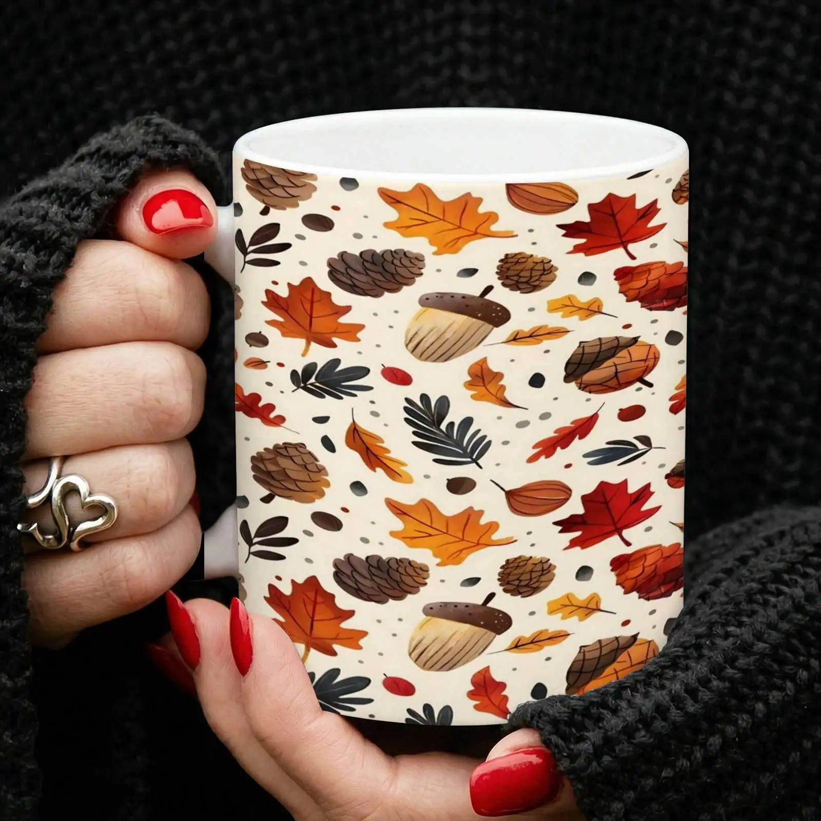 1pc Fall-Themed Ceramic Mug with Watercolor Autumn Leaves, Acorns & Pinecone - 11oz Cup Suitable for Home, Office, Thanksgiving Gifts for Men, Women, Friends - Warm Seasonal Drinkware for Tea or Cocoa