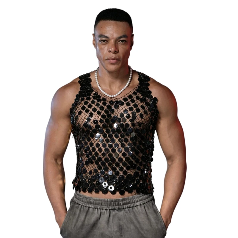 Herren Pailletten-Tanktop Ärmellos Transparentes Netz-Oberteil Ausgehöhlt Nachtclub Party Festival Rave Mode Y2K Top футболка+женская – Detail 9