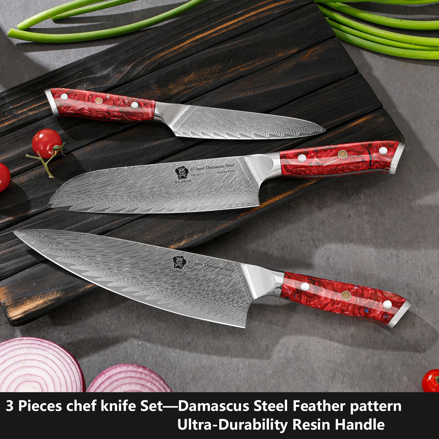 WILDMOK 67 Layer VG10 Japanese Damascus Steel 3 PCS Kitchen Knife Set Red Resin Handle Professional Cooking Cutlery