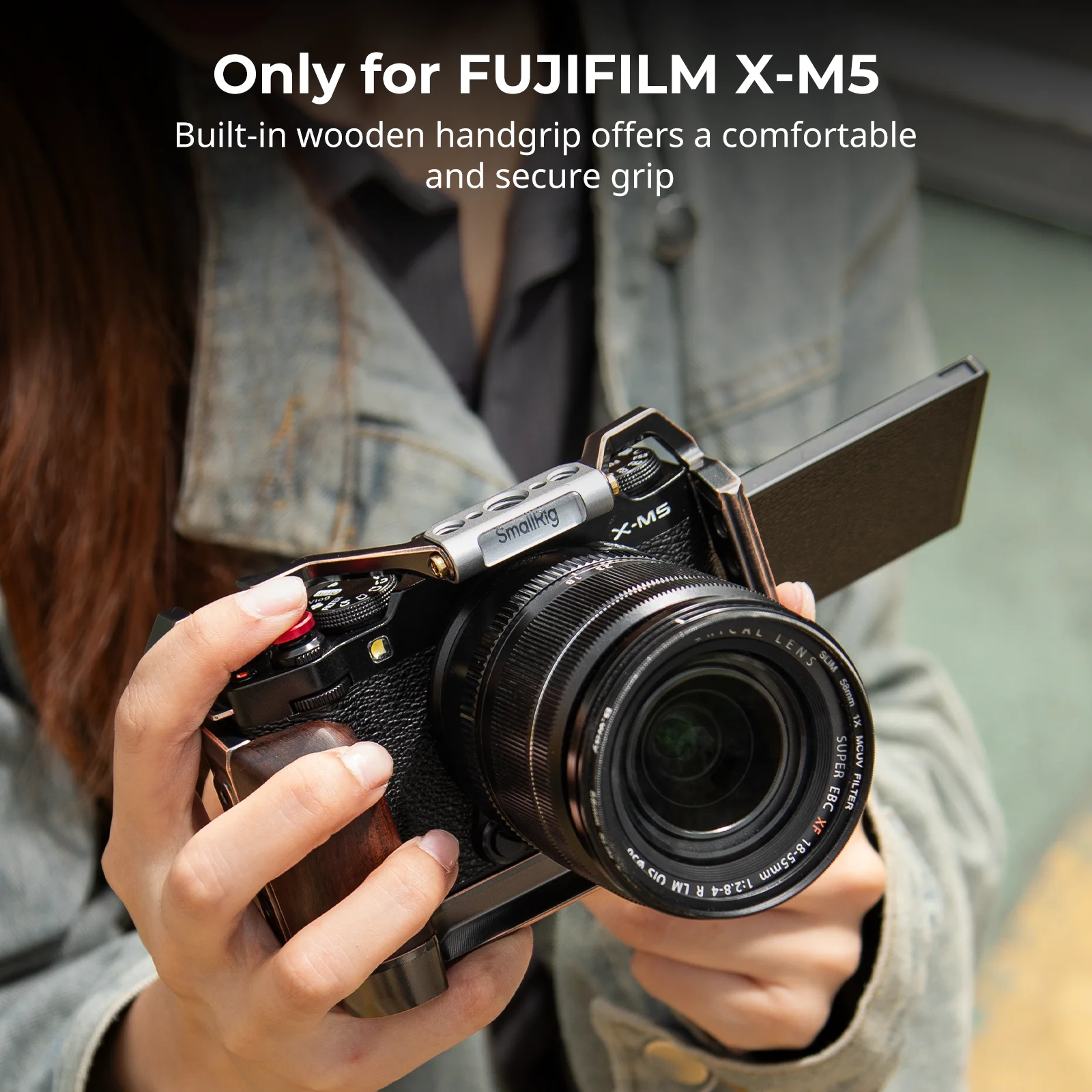 SmallRig X-M5 “Retro” Camera Cage for FUJIFILM  X-M5 with Wooden Handgrip Shutter Release Button Hot Shoe Cover Windshield -4892