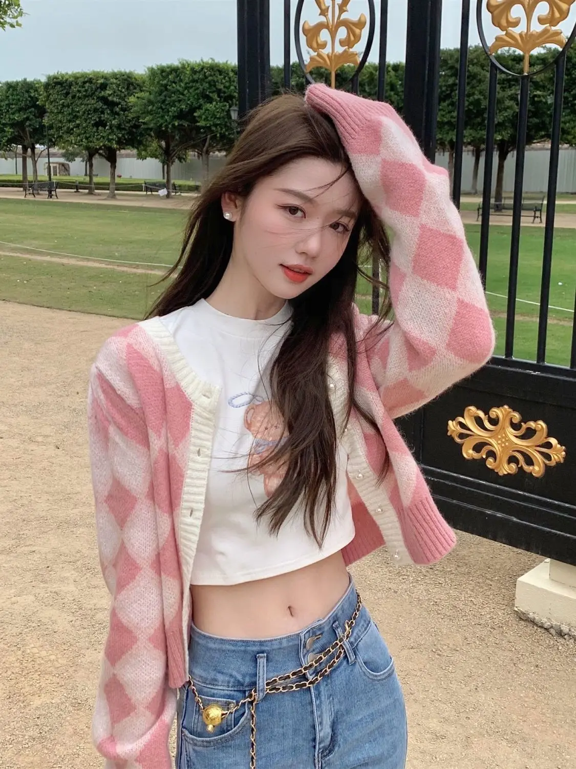 Korejpaa ピンク市松ニットカーディガン女性初秋レトロ薄型トップスショートジャケット優しい甘いセーターコート