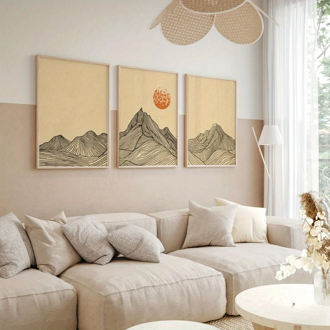 3 قطع من المناظر الطبيعية الجبلية الحديثة ثلاثية الإطار على الطراز الياباني مطبوعات فنية جدارية مع تصميم طبيعي تجريدي، مثالية لغرفة المعيشة