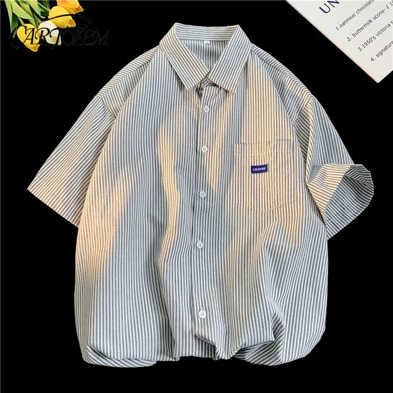 

Men's Striped Short Sleeve Shirt Casual Collar American Retro Top