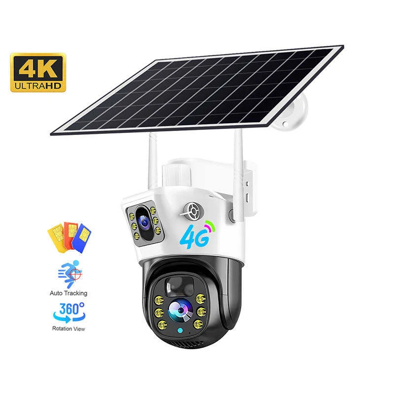 Dual Lens Screen 10W Solar Panel 12000mah Battery PIR Human Detection AutoTracking 4G Solar Powered Wireless Security