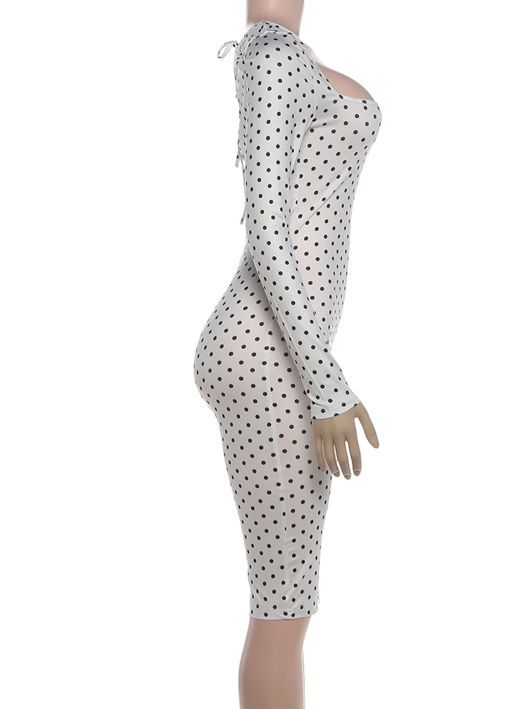 Weird Puss Sexy Mode-Playsuits für Damen, Polka-Dot-Print, quadratischer Kragen, lange Ärmel, figurbetont, Pfirsichfarben, für Mitternachtsclub-Partys – Detail 5