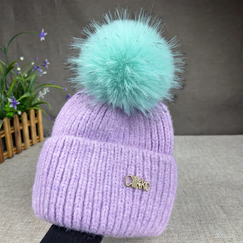 2026 New Faux fox fur pompom hats Fashion outdoor hats for women girl High quality wool winter hats Warm Female beanies