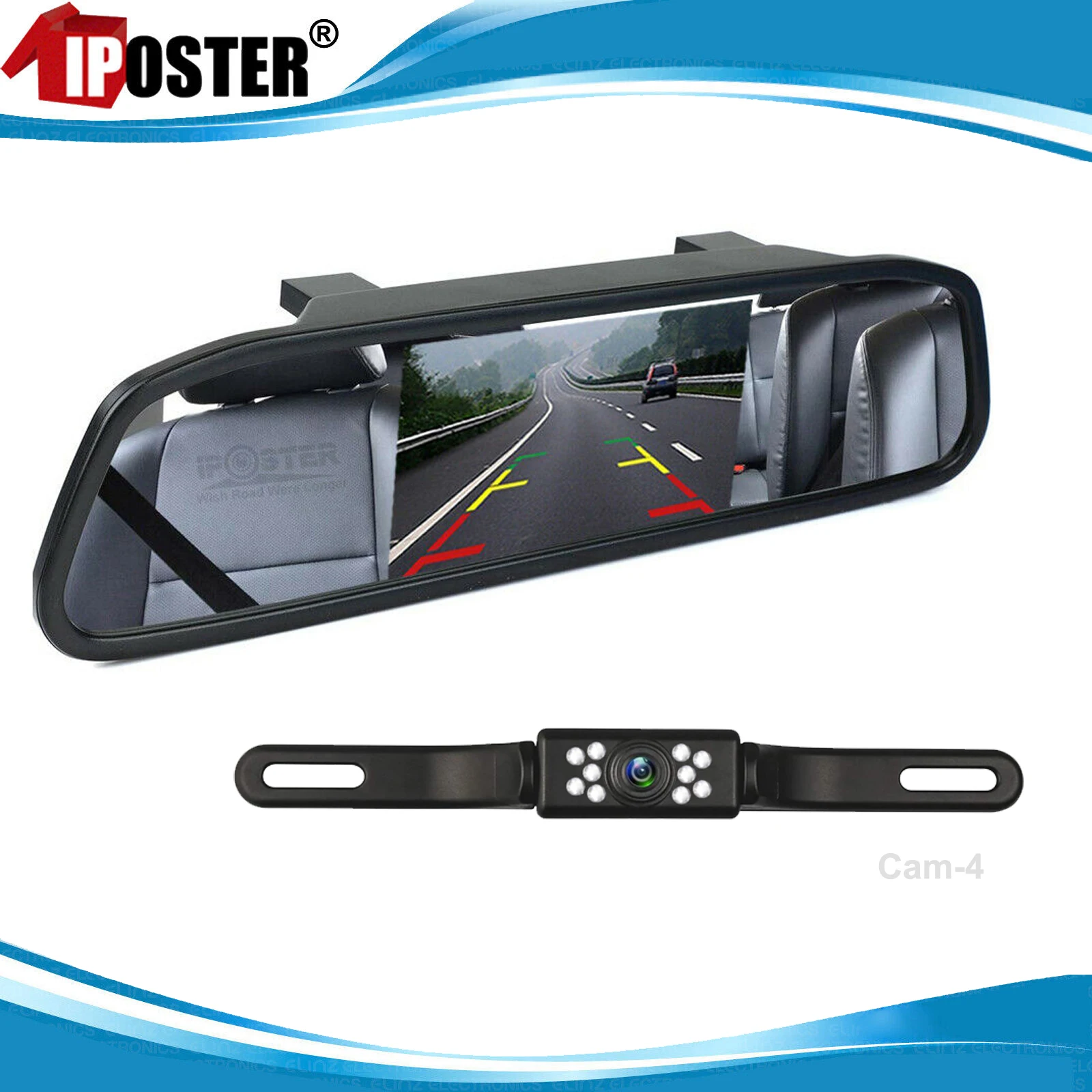 IPoster-Monitor de espejo de marcha atrás para coche, pantalla LCD de 4,3 ", cámara de respaldo de marcha atrás, sistema de estacionamiento de visión trasera, Kit impermeable de visión nocturna