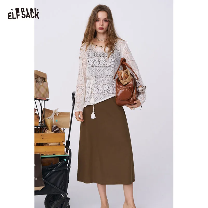 

ELFSACK 2025 Autumn New Arrivals Bohemian Sheer Lace Top A-Line Slip Dress 2 Piece Set Outfit For Woman