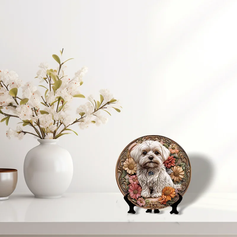 Customized Maltese Dog Memorial - Aluminum Pet Ornament, Circular Decorative Painting, Unique Souvenir Tombstone, Perfect  Gifts