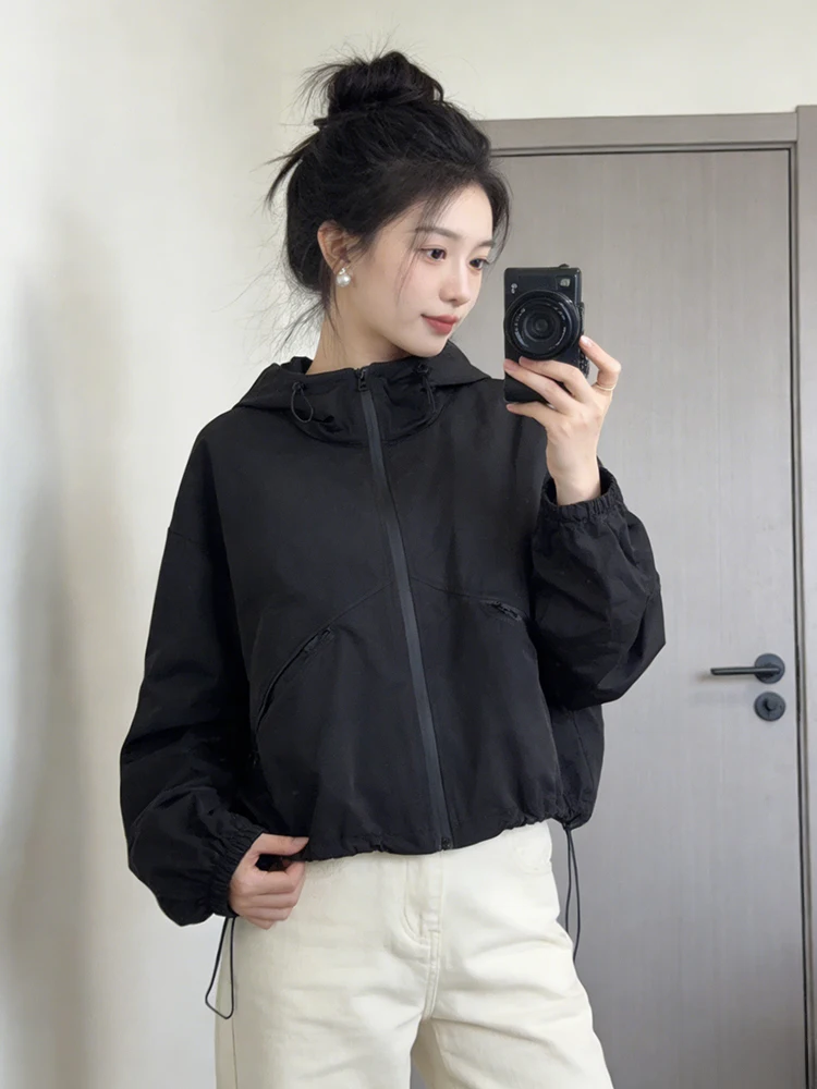 

Korean Sle Hooded Workwear Jaet Women's Spring 2026 Casual Versatile ort Spor Top Zipper Closure Warmth Daily Wear