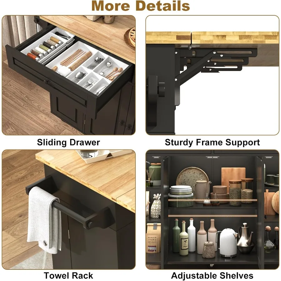 Îlot de cuisine roulant 55 W avec chariots de cuisine mobiles à feuilles tombantes sur roulettes avec armoire de rangement, support et tiroir intégrés Ma