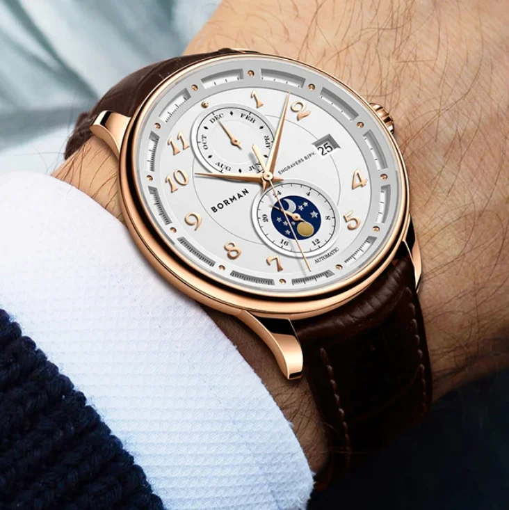 بورمان ساعة أوتوماتيكية للرجال 41 ملم ساعة يد ميكانيكية 5ATM مقاومة للماء الياقوت مضيئة متعددة الطلب تاريخ الشهر 24 ساعة