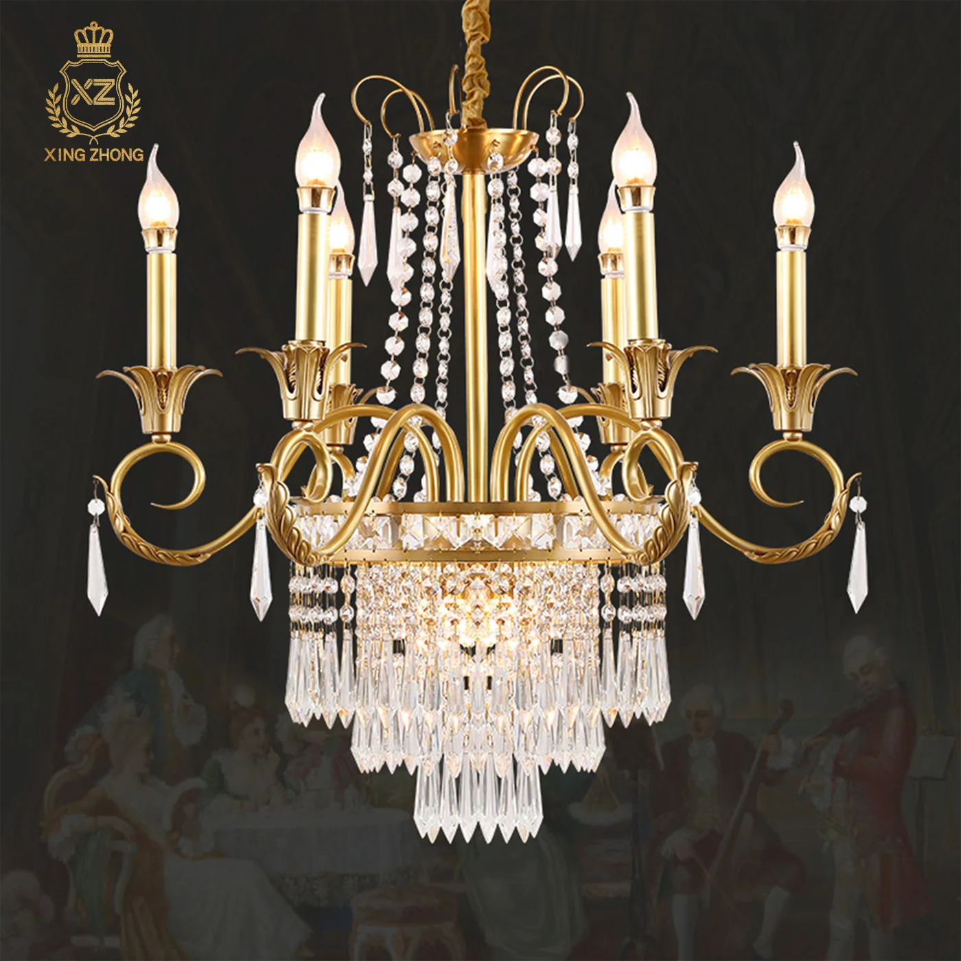 European Mid Century Living Room Luxury Crystal Chandelier French Empire Classic Brass Villa Pendant Light