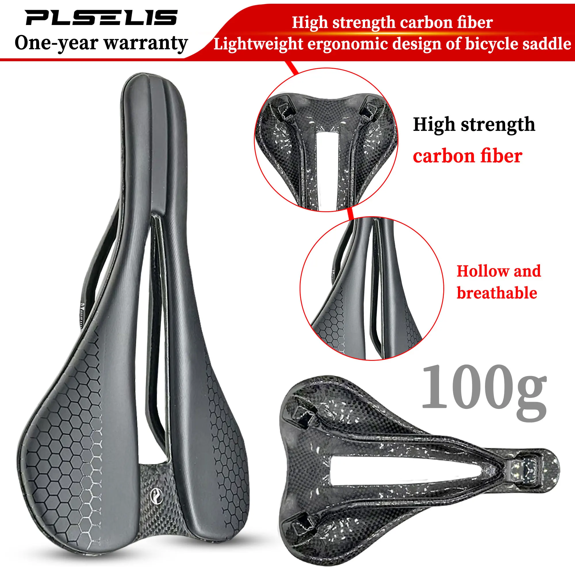 

PLSELIS Ultra Light High Strength T800 Carbon Fiber 100g Saddle Road Car Seat Cushion Hollow Breathable Non stuffy Bicycle Acces