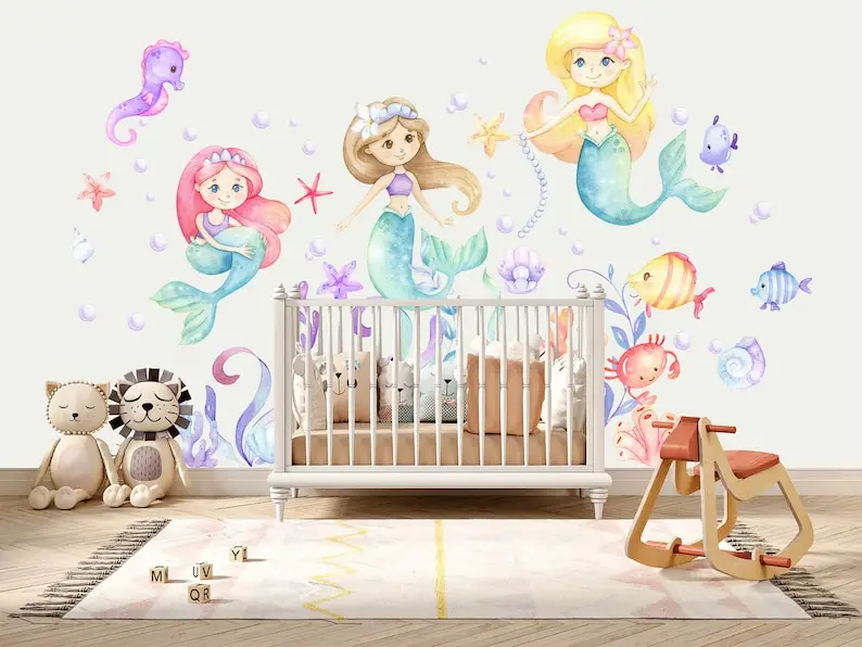 Baby Mermaid Princess Underwater World Coral Sea Horse Removable Wall Decal Sticker Room Gift